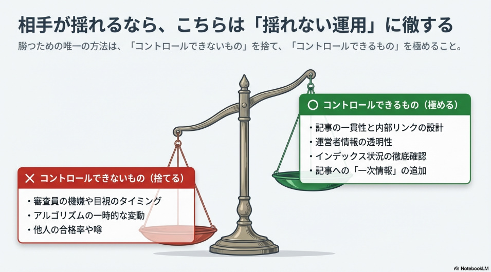 アドセンス審査待機中のブログ運用ルーティンを示したスライド。月曜にキーワード選定、水曜に記事公開、金曜にインデックス確認と一次情報の追記、週末に導線点検を行うという、1週間の作業サイクルがまとめられています
