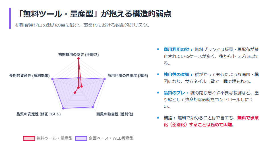 無料AIツールを用いた量産型と、企画ベースの商品・WEB資産型の比較レーダーチャート。無料ツールは初期費用は抑えられるが、独自性、商用利用の自由度、長期的資産性において致命的に劣ることを示している。