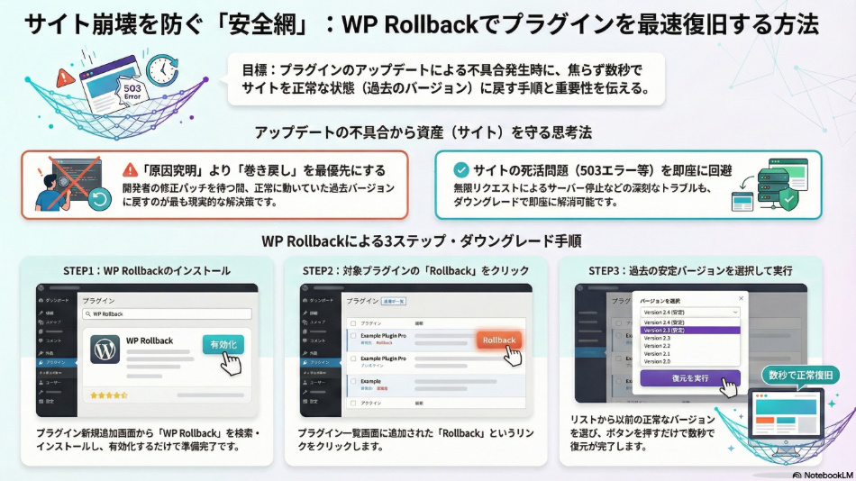 【WP Rollback】WordPressのプラグインをダウングレードする方法