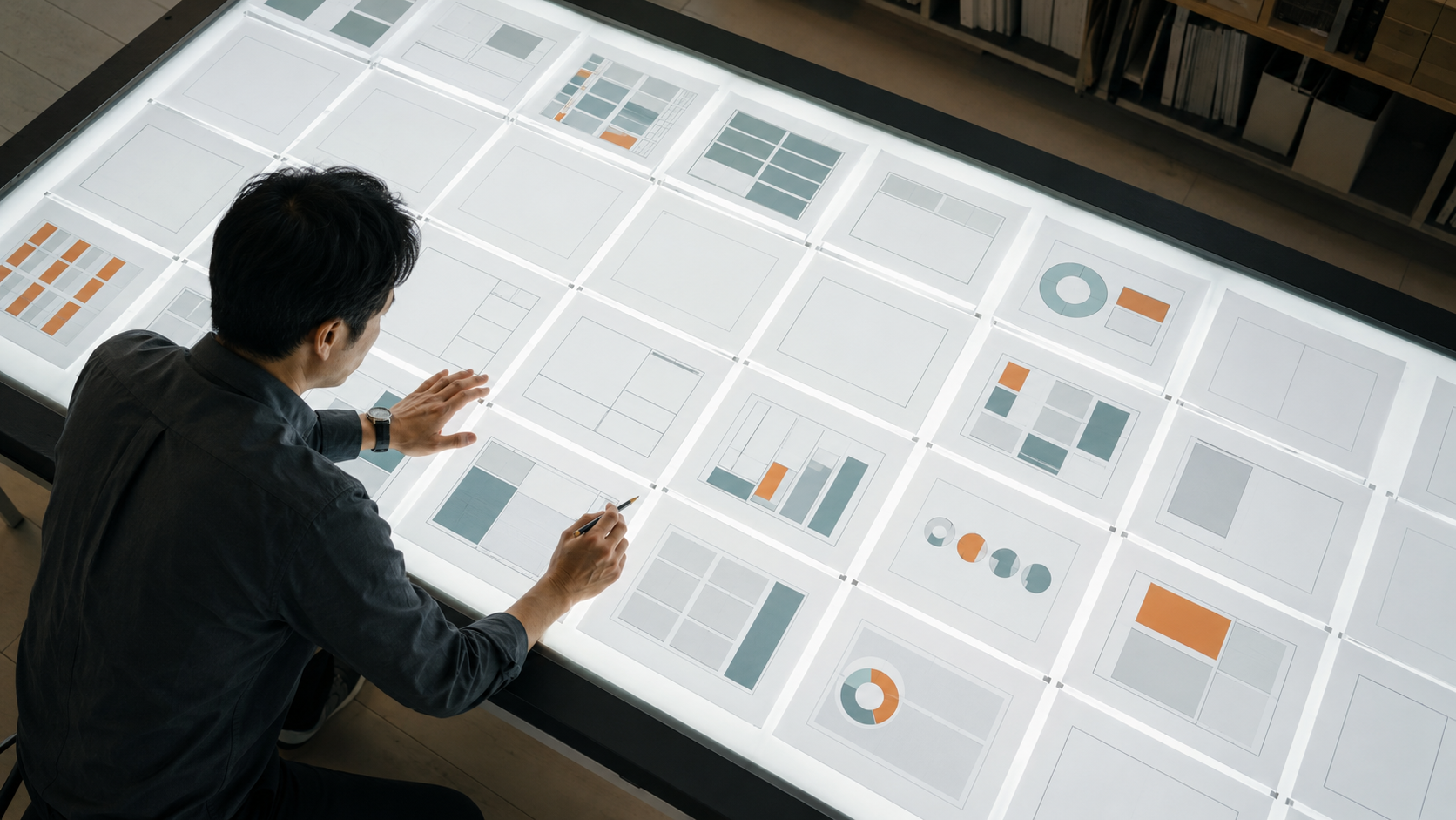 PDF出力後に全ページの表や余白を確認する日本人編集者
